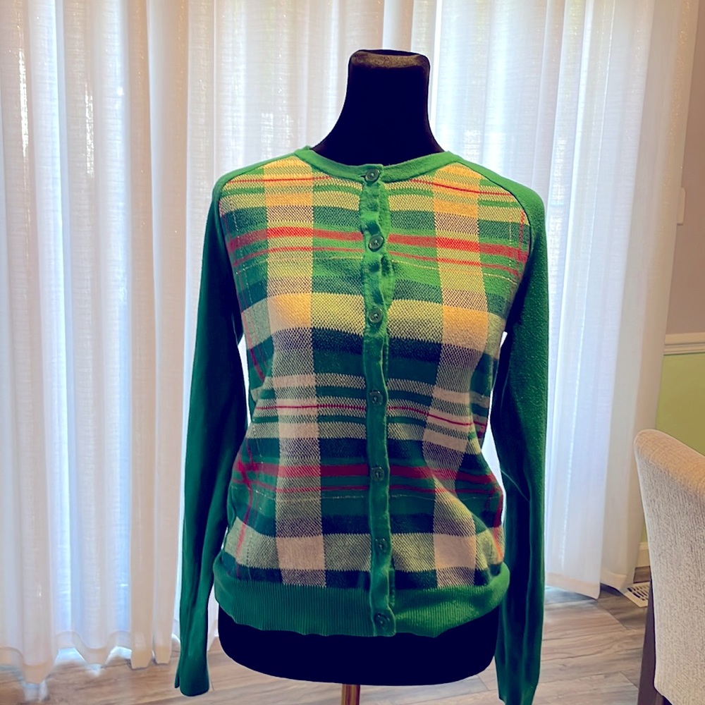 Green Button Front Cardigan Sweater with White Plaid Print with Hot Pink + Blue